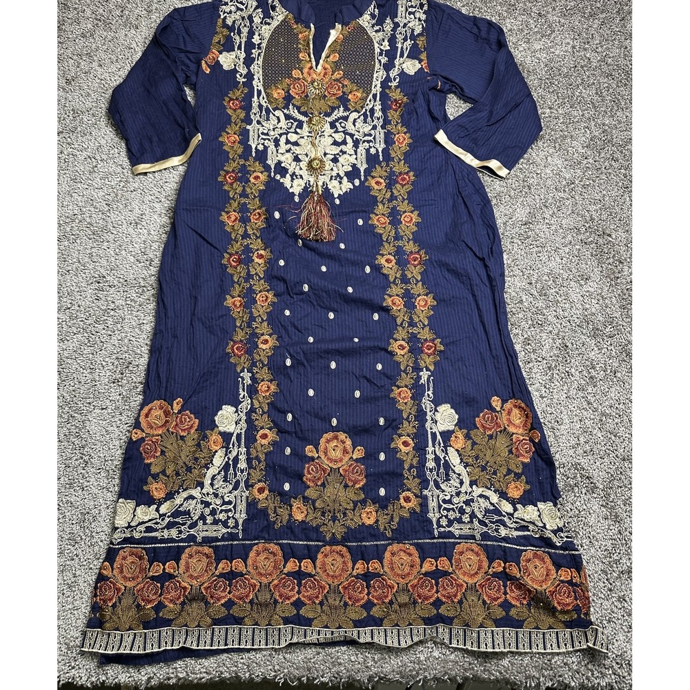 Embroidered Kurta Dress Womens Medium Blue Floral‎ Shalwar Kameez Tassel Ethnic - Picture 5 of 16